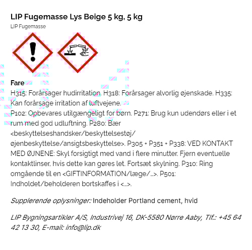 LIP Fugemasse Lys Beige 5 kg, 5 kg.-faremærkning