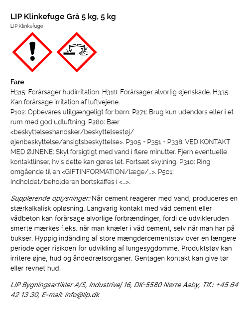 LIP Klinkefuge Grå 5 kg, faremærkning