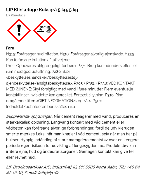 LIP Klinkefuge Koksgrå 5 kg, 5 kg faremærkning